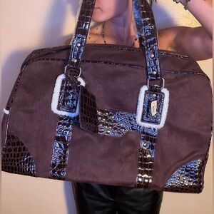 Elegant Brown Black Women's Weekender Duffle Travel Faux Fur/Leather Croc Bag